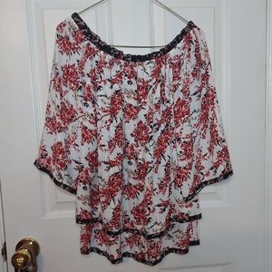 White House Black Market Red Black Floral Off Shoulder Flowy Top Boho Size S